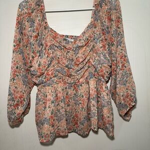 American Eagle Outfitters Orange Gray Ruched Peplum Blouse